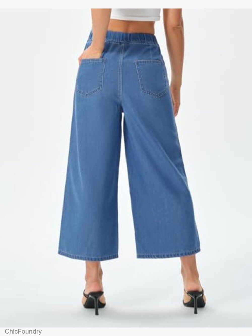 Wide Leg Capri Jeans Elastic Waist Drawstring Cropped Culottes Pants - Picture 2 of 7